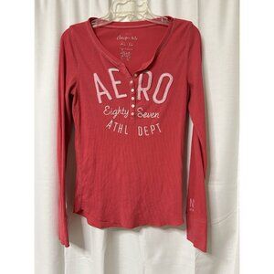 Vintage Aero Aeropostale Womens Y2k Long Sleeve Henley Red/Orange XL